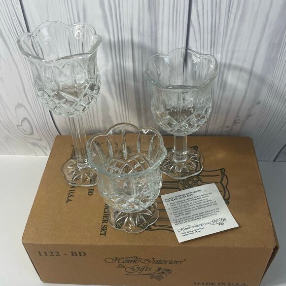 Vintage Home Interiors Set of 3 Tulip Stemmed Glass Candle Holders Clear USA - Picture 1 of 7